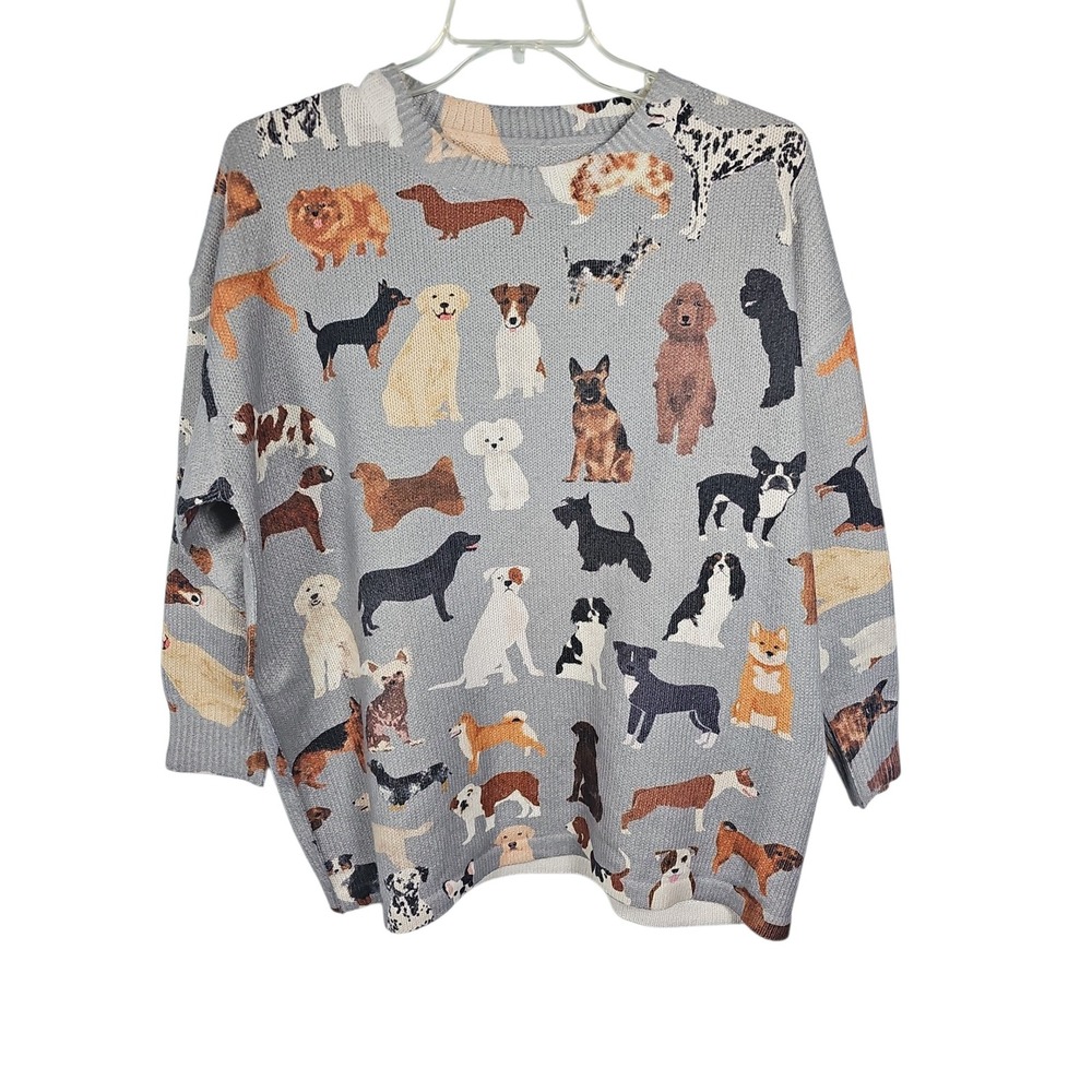 Unbranded Dog Print Intarsia Knit Crewneck Sweater Grey Womens 2XL